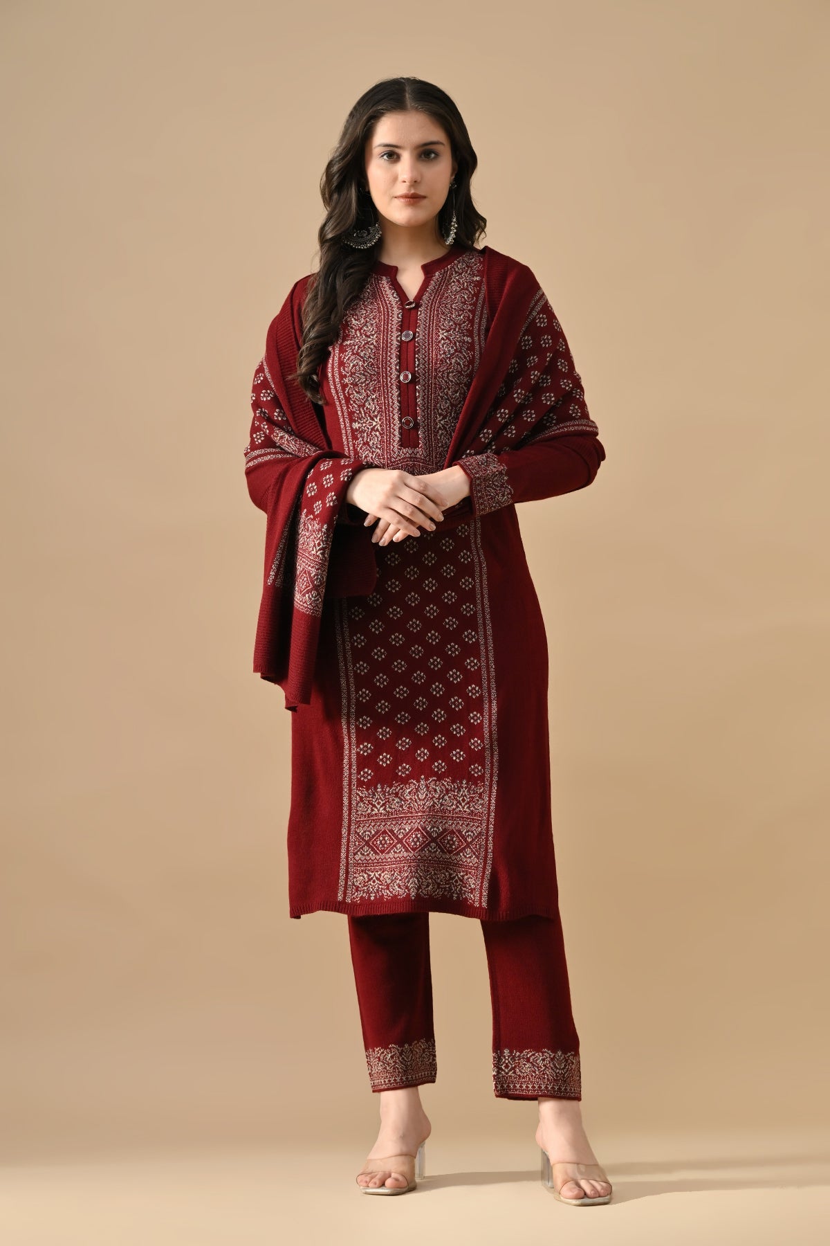 Winter Maroon Self Design Woven Kurta 3 Pcs Set