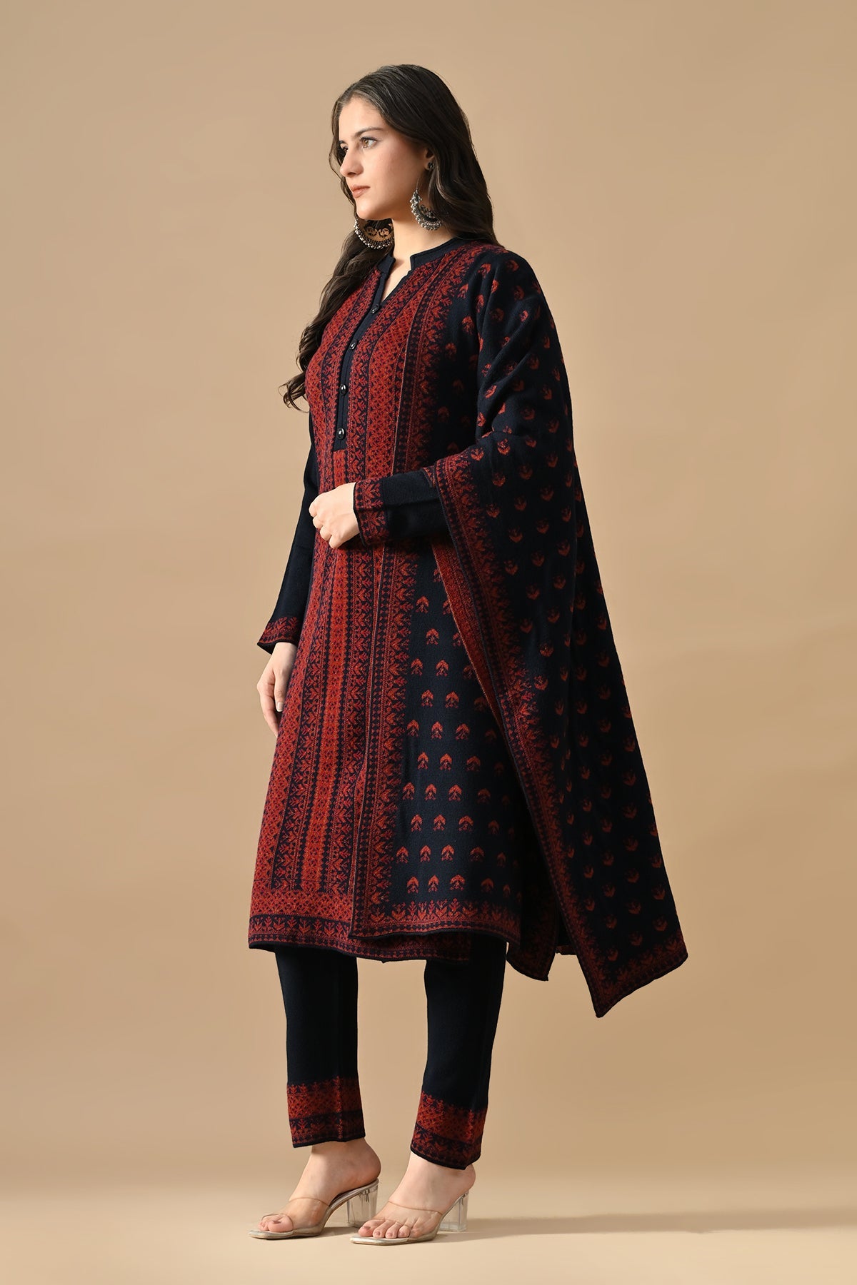 Winter Blue Printed Ethnic Motifs Woven Kurta 3 Pcs Set