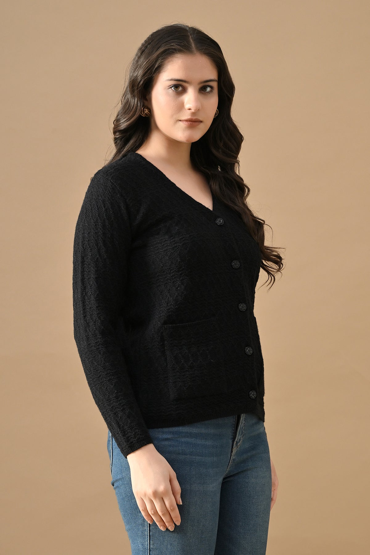 Winter Black Knitted V-Neck Cardigan
