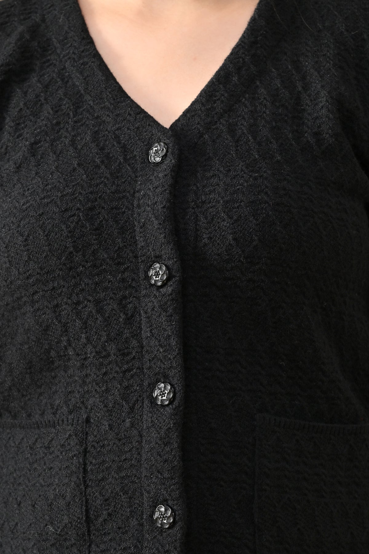 Winter Black Knitted V-Neck Cardigan