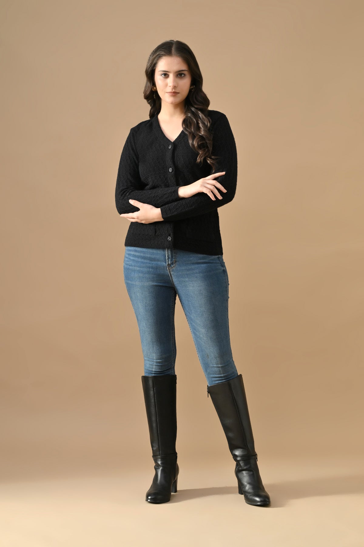 Winter Black Knitted V-Neck Cardigan