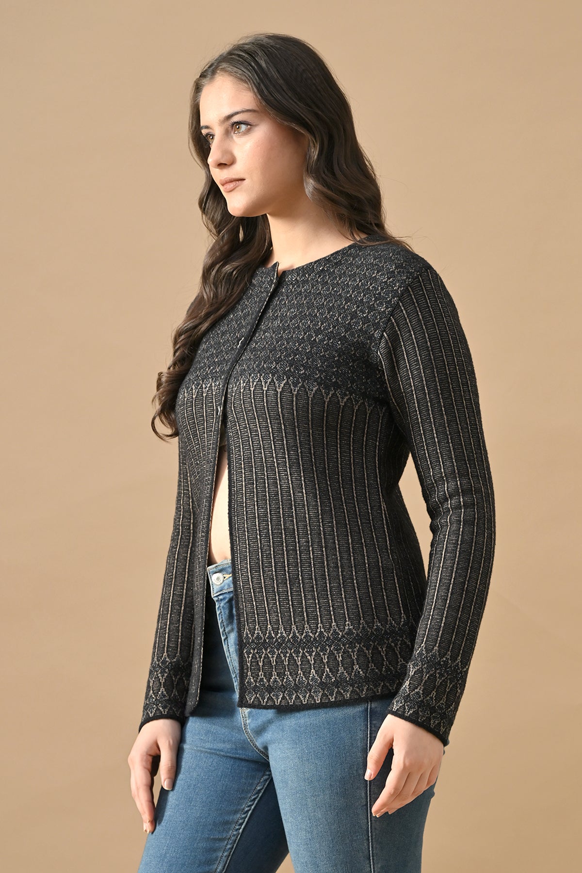 Winter Black Woven Round Neck Cardigan