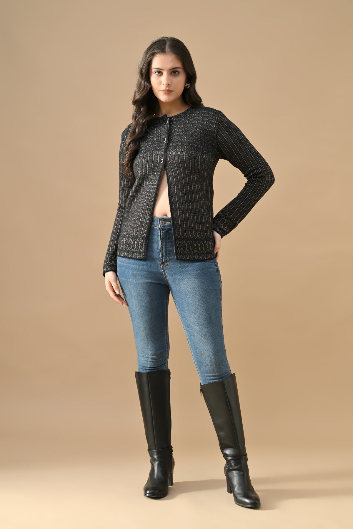 Winter Black Woven Round Neck Cardigan