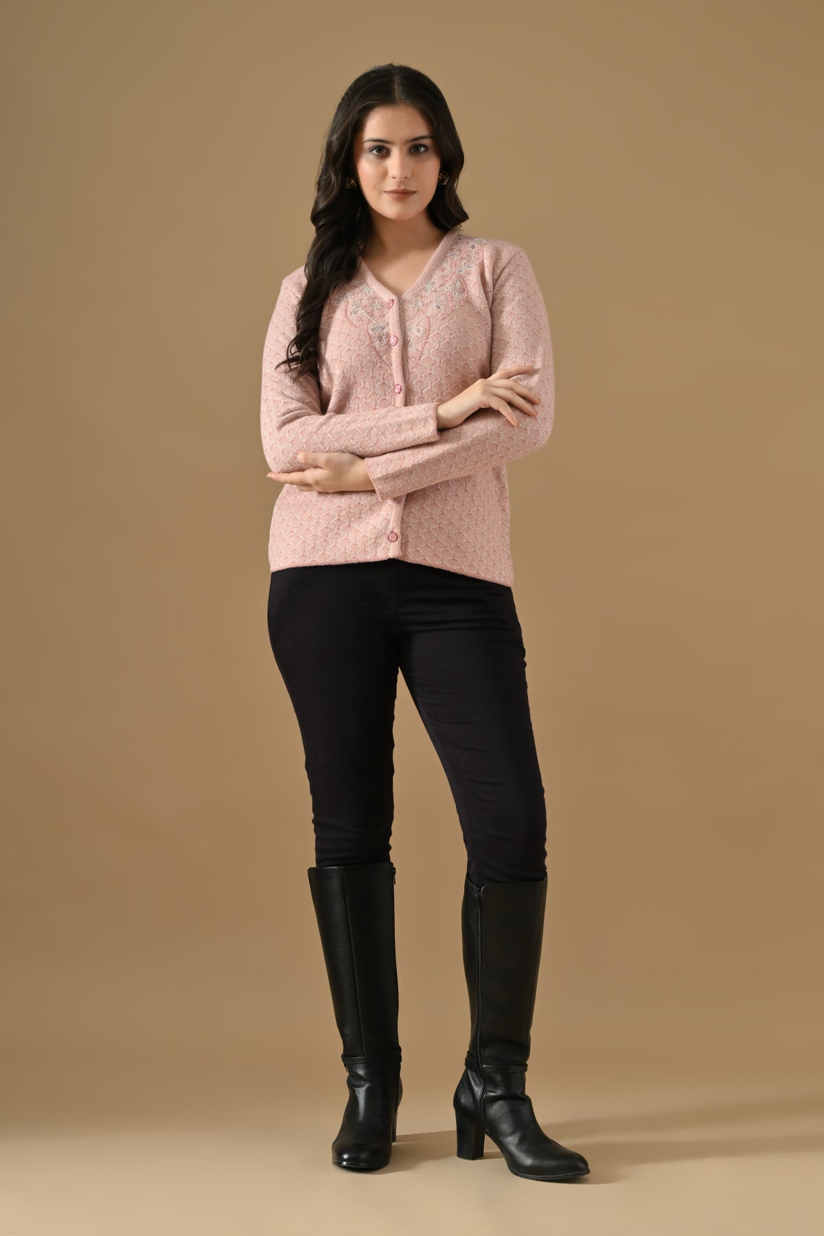 Winter Pink Woven Stone Embellishment V-Neck Cardigan