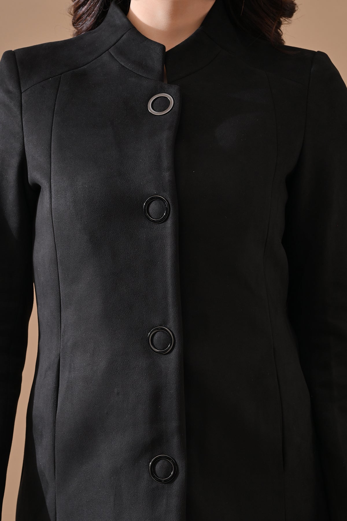 Winter Black Classic Mandarin Collar Neck Overcoat