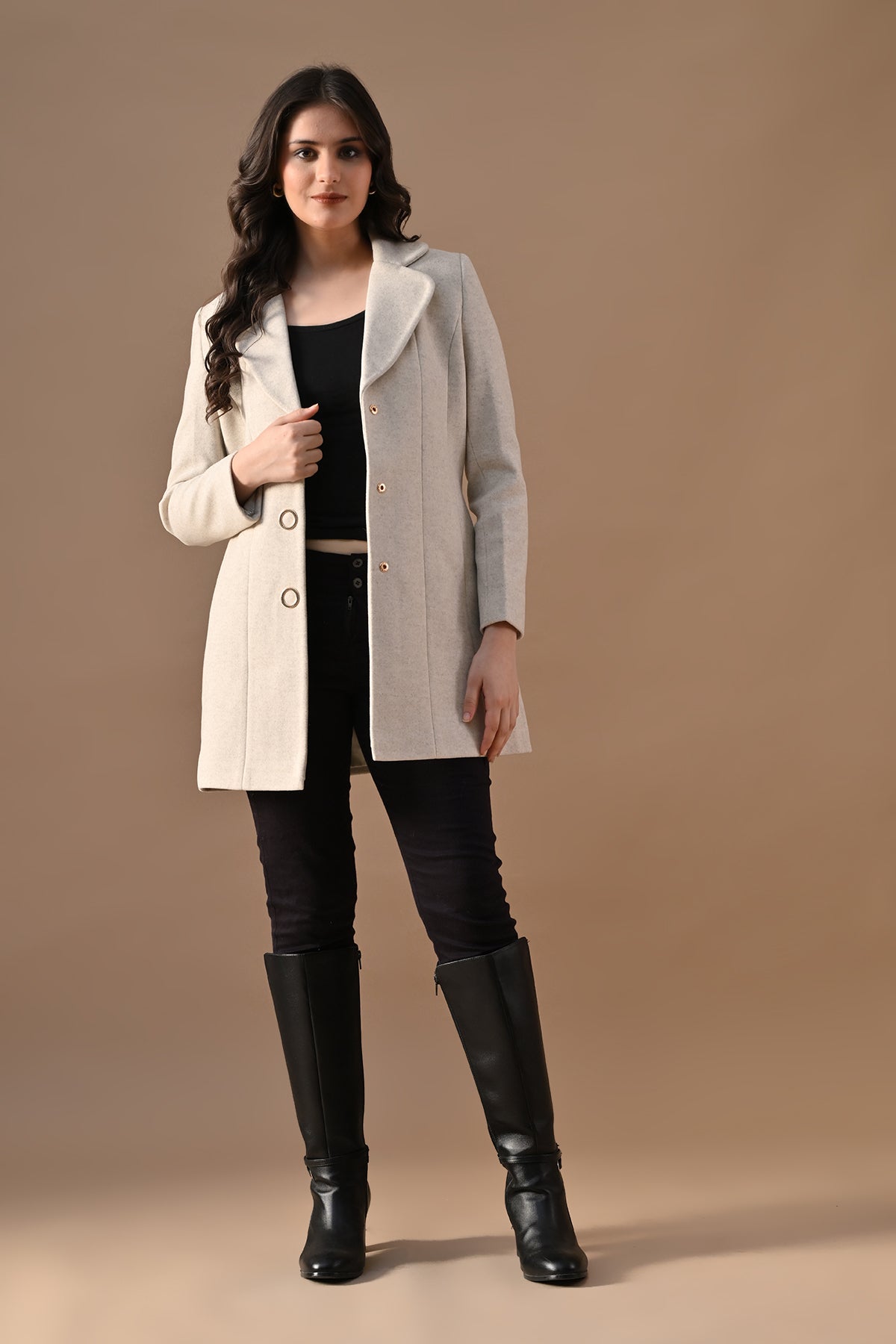 Winter Cream Classic Notch Collar Neck Overcoat