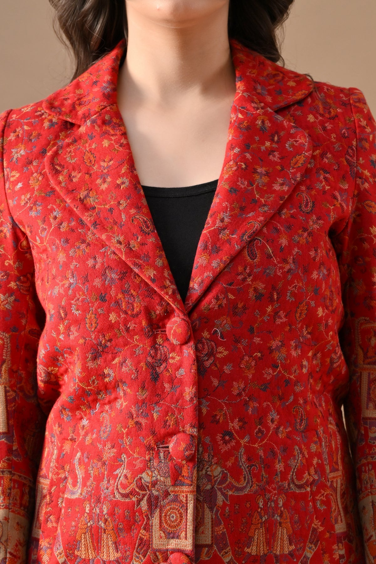 Winter Red Self-Design Notch Collar Neck Overcoat