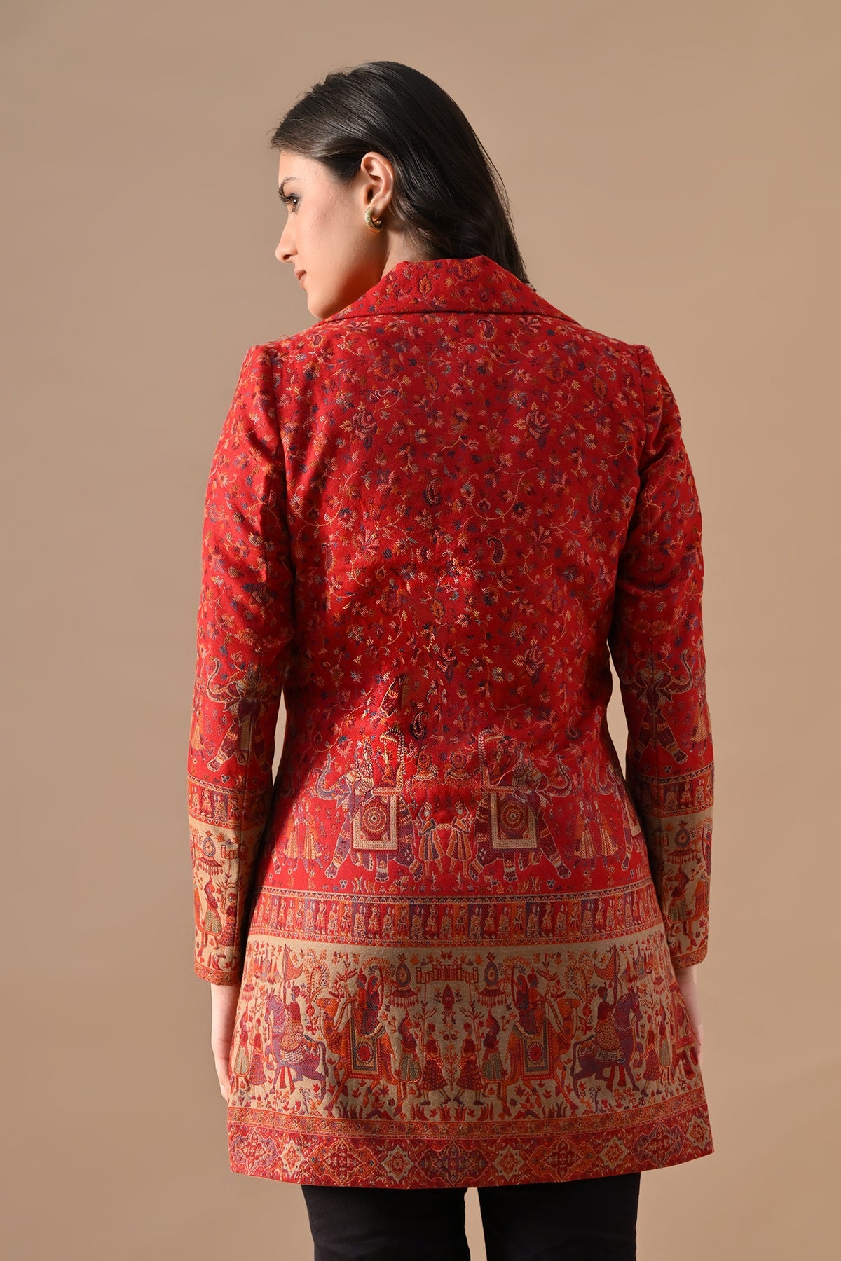 Winter Red Self-Design Notch Collar Neck Overcoat