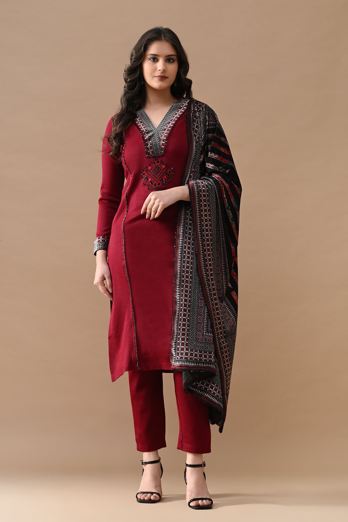 Winter Maroon Self Design Woven Kurta 3 Pcs Set