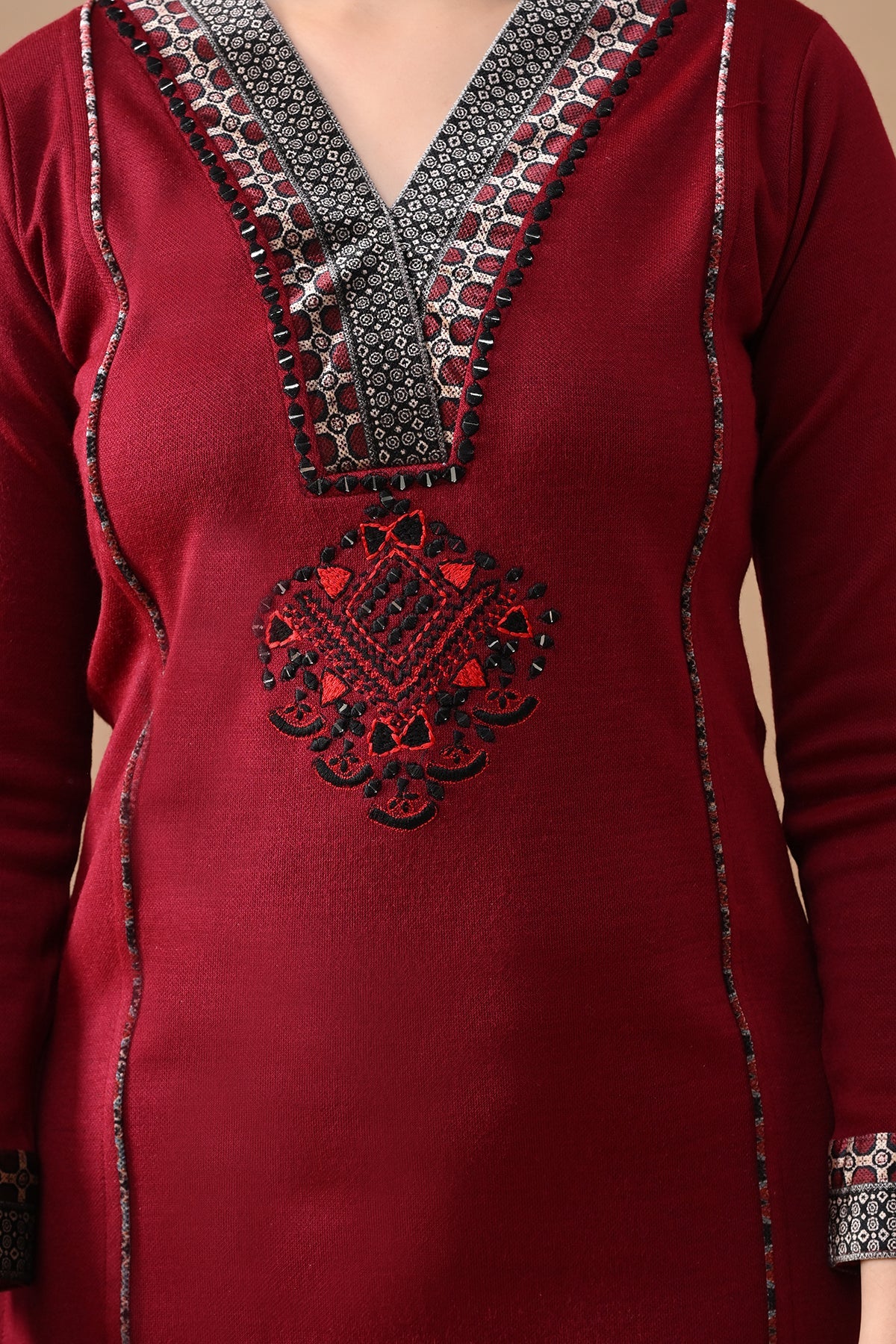 Winter Maroon Self Design Woven Kurta 3 Pcs Set