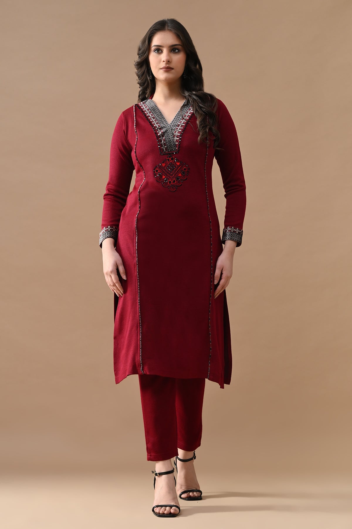 Winter Maroon Self Design Woven Kurta 3 Pcs Set