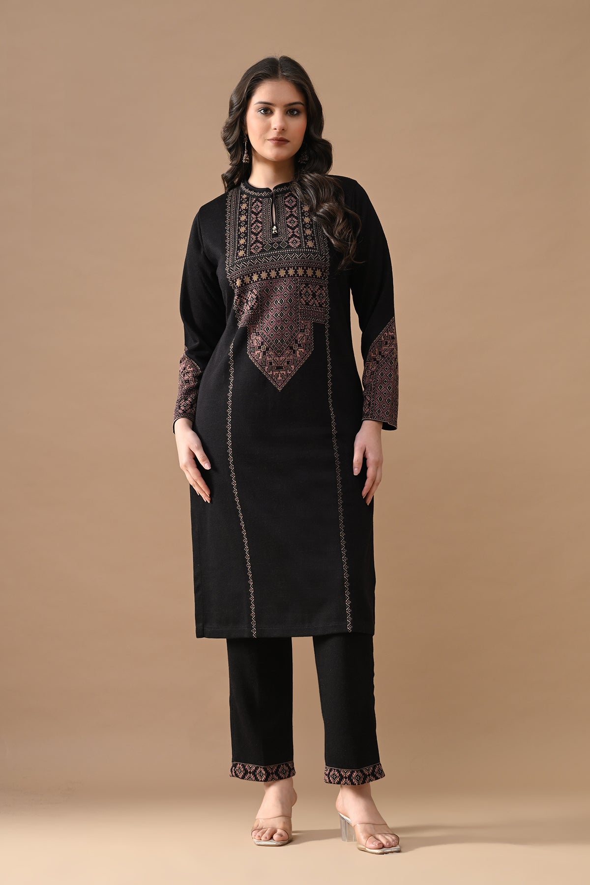 Winter Black Printed Woven Kurta 3 Pcs Set