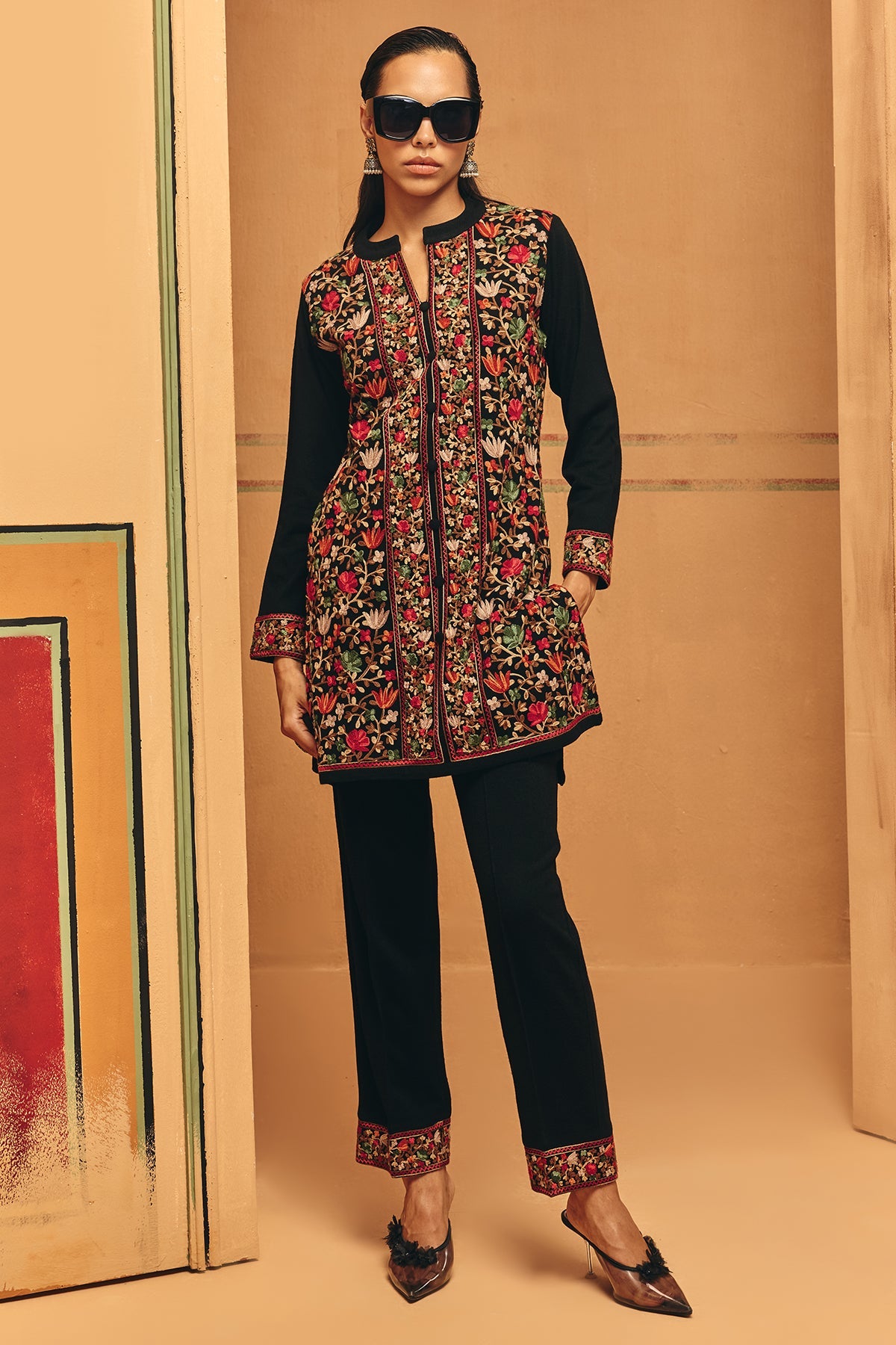 Winter Black Embroidery Ethnic Motifs Woven Co-Ord Set