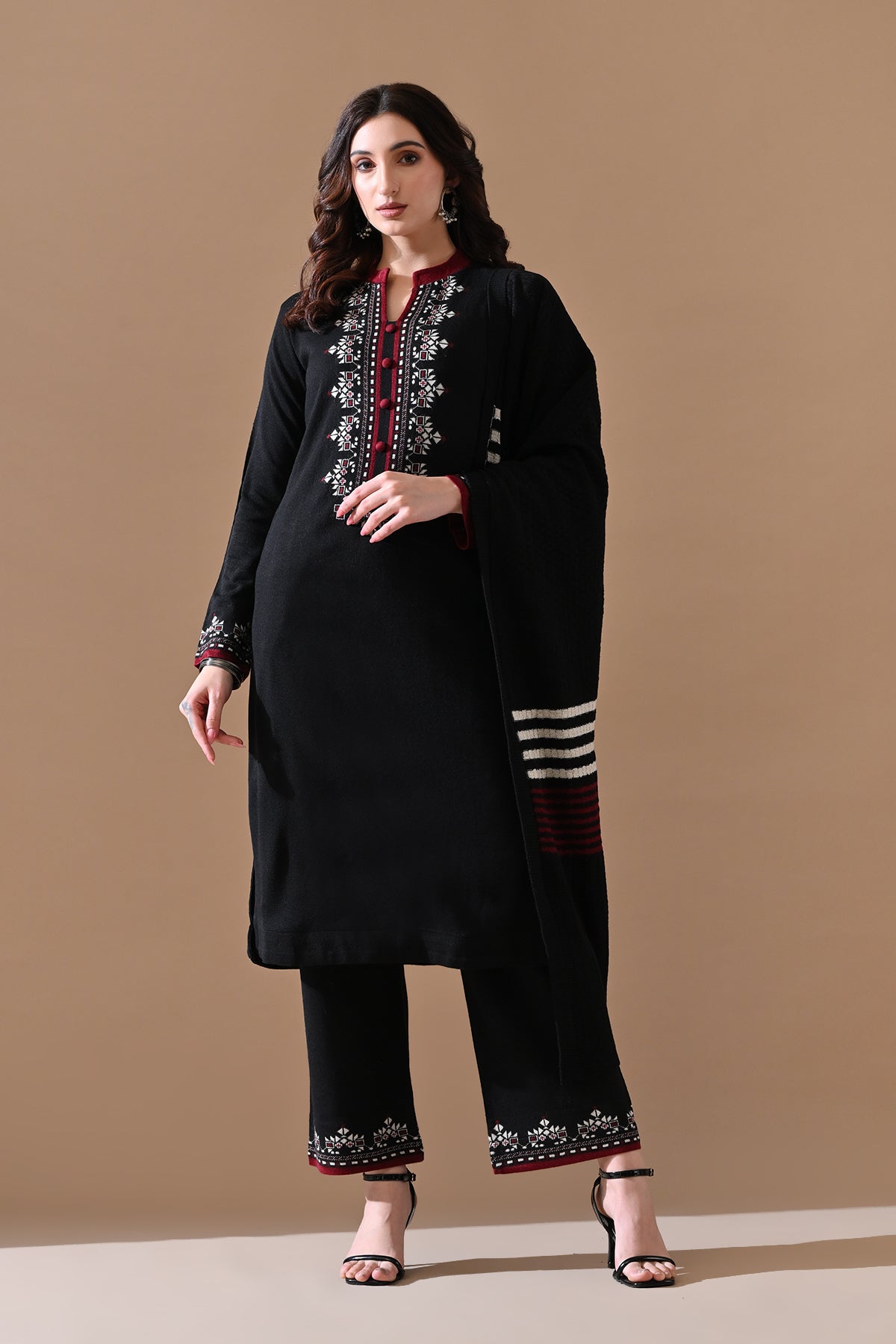 Winter Black Solid Woven Kurta 3 Pcs Set