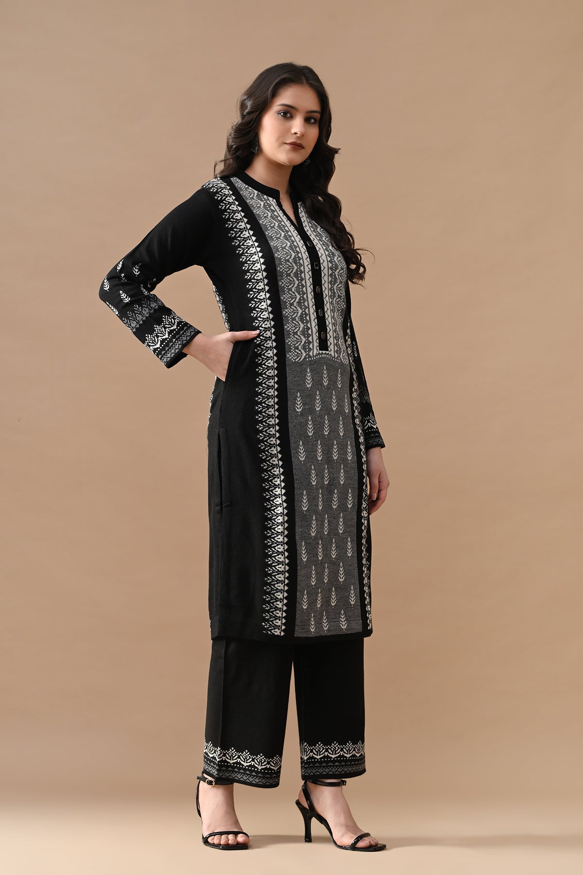 Winter Black Self Design Woven Kurta 3 Pcs Set