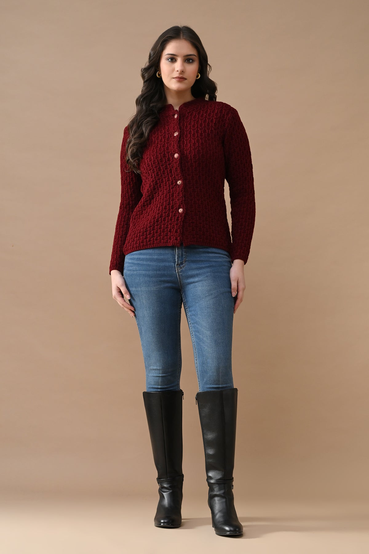 Winter Maroon Knitted Mandarin Collar Cardigan