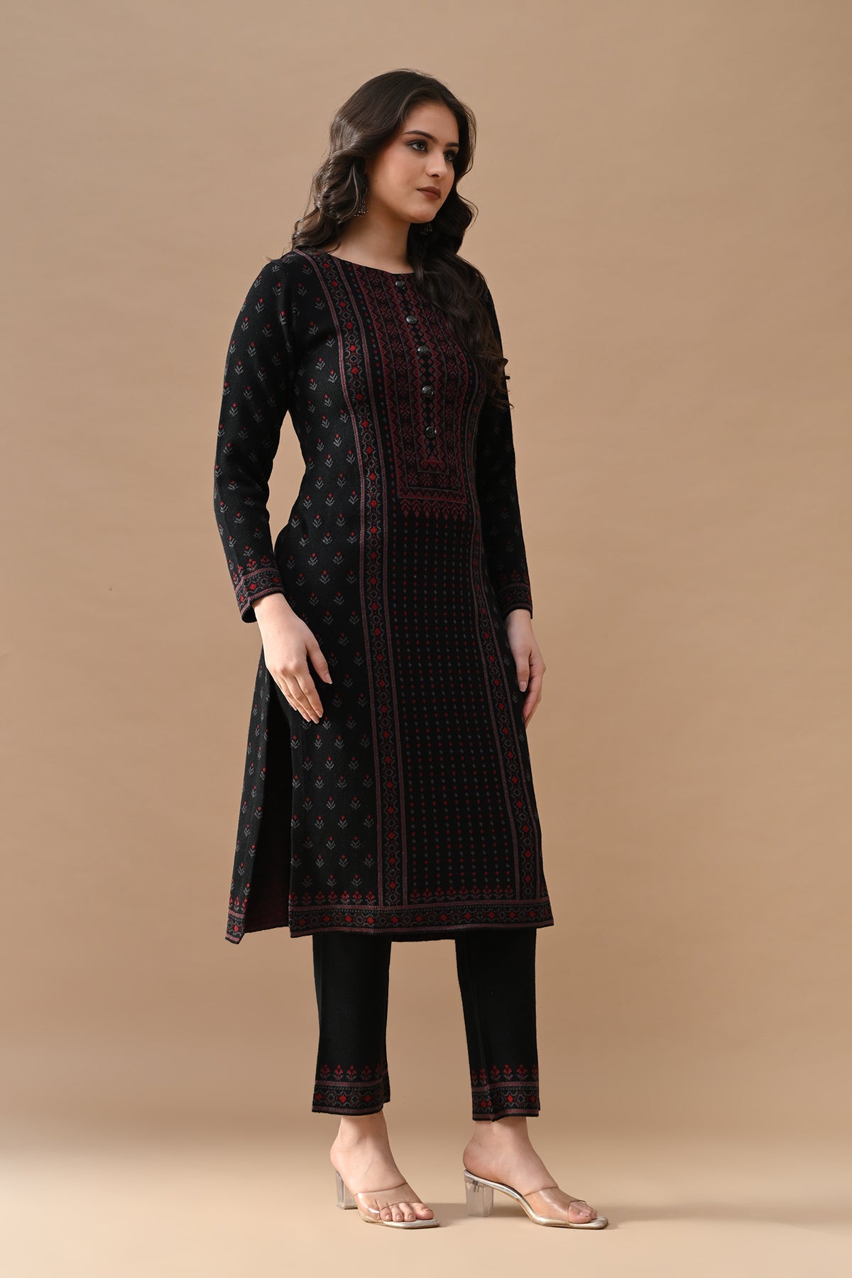 Winter Black Self Design Woven Kurta 3 Pcs Set
