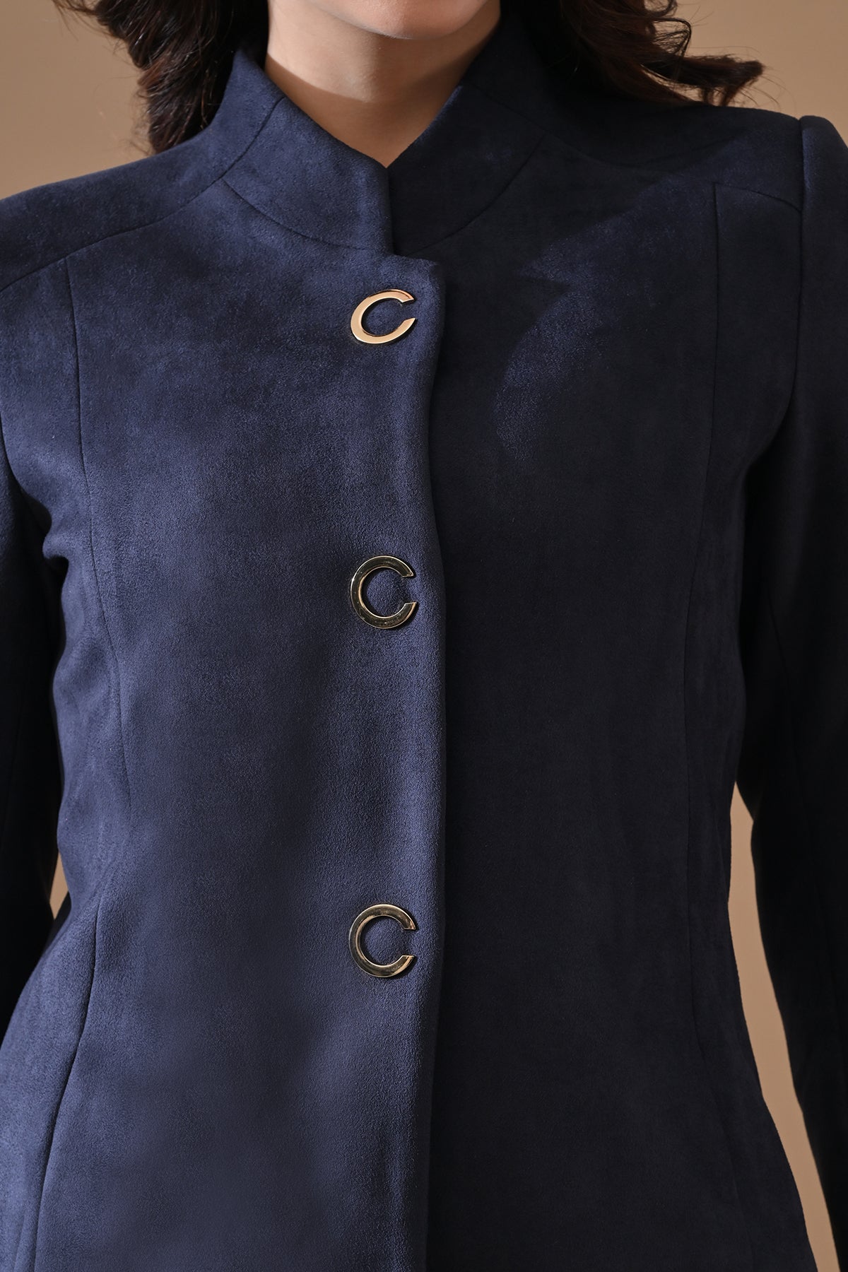 Winter Navy Blue Mandarin Collar Neck Overcoat