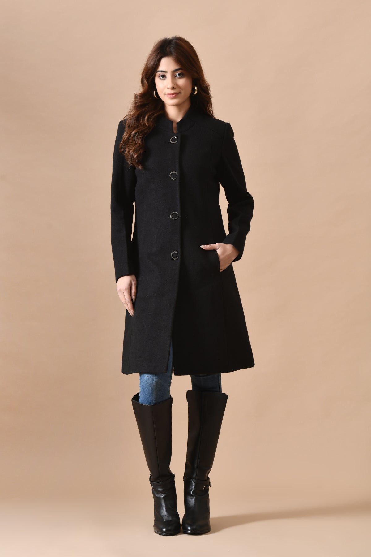 Winter Black Solid Mandarin Collar Neck Overcoat