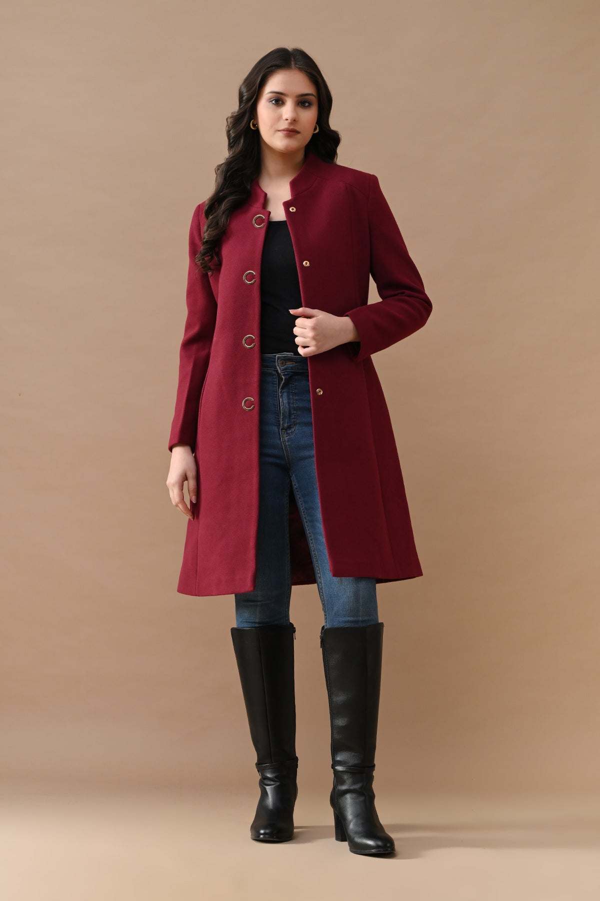 Winter Wine Mandarin Collar Neck Overcoat