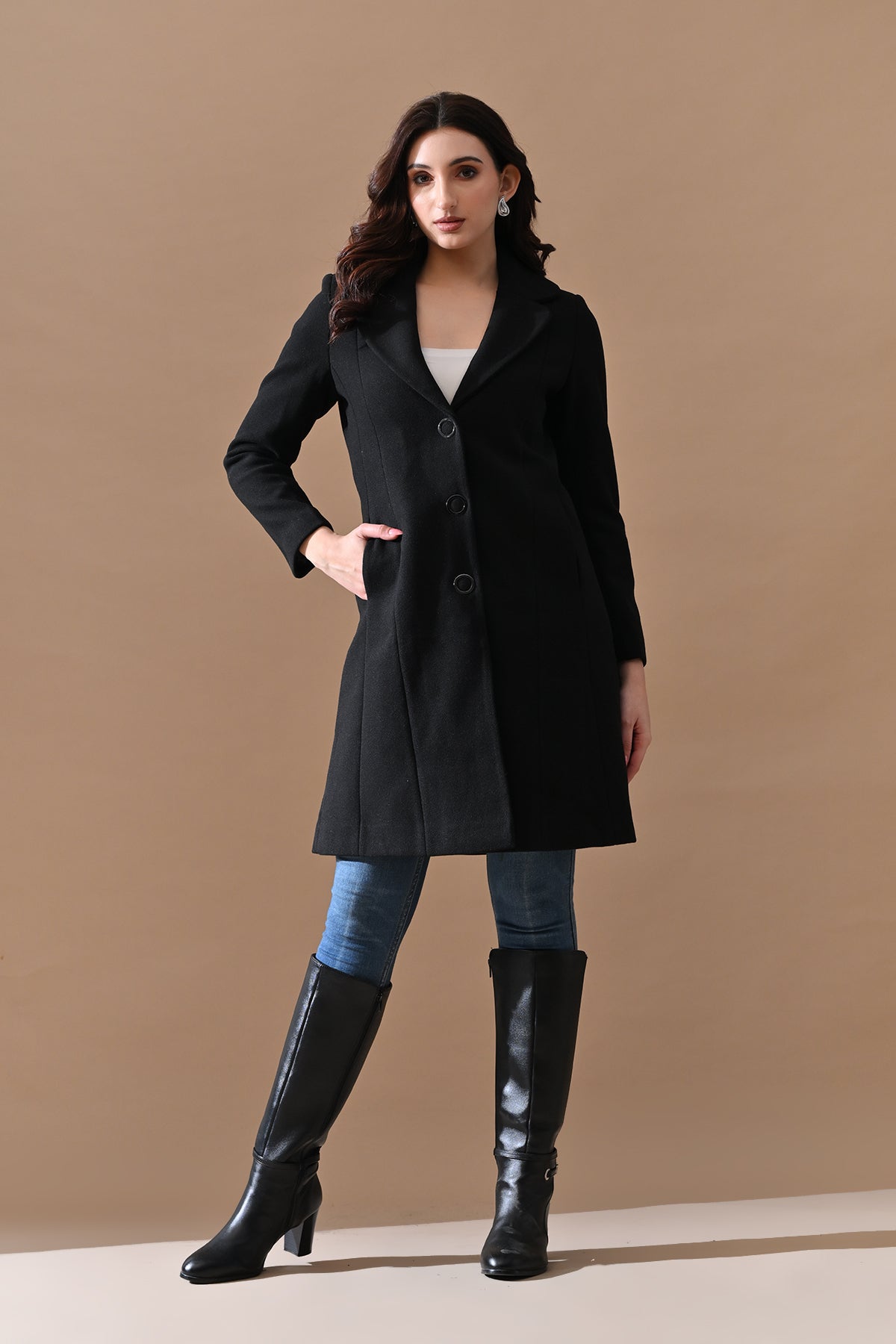 Winter Black Classic Notch Collar Neck Overcoat