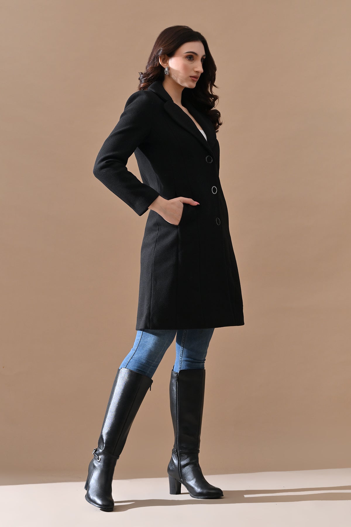 Winter Black Classic Notch Collar Neck Overcoat