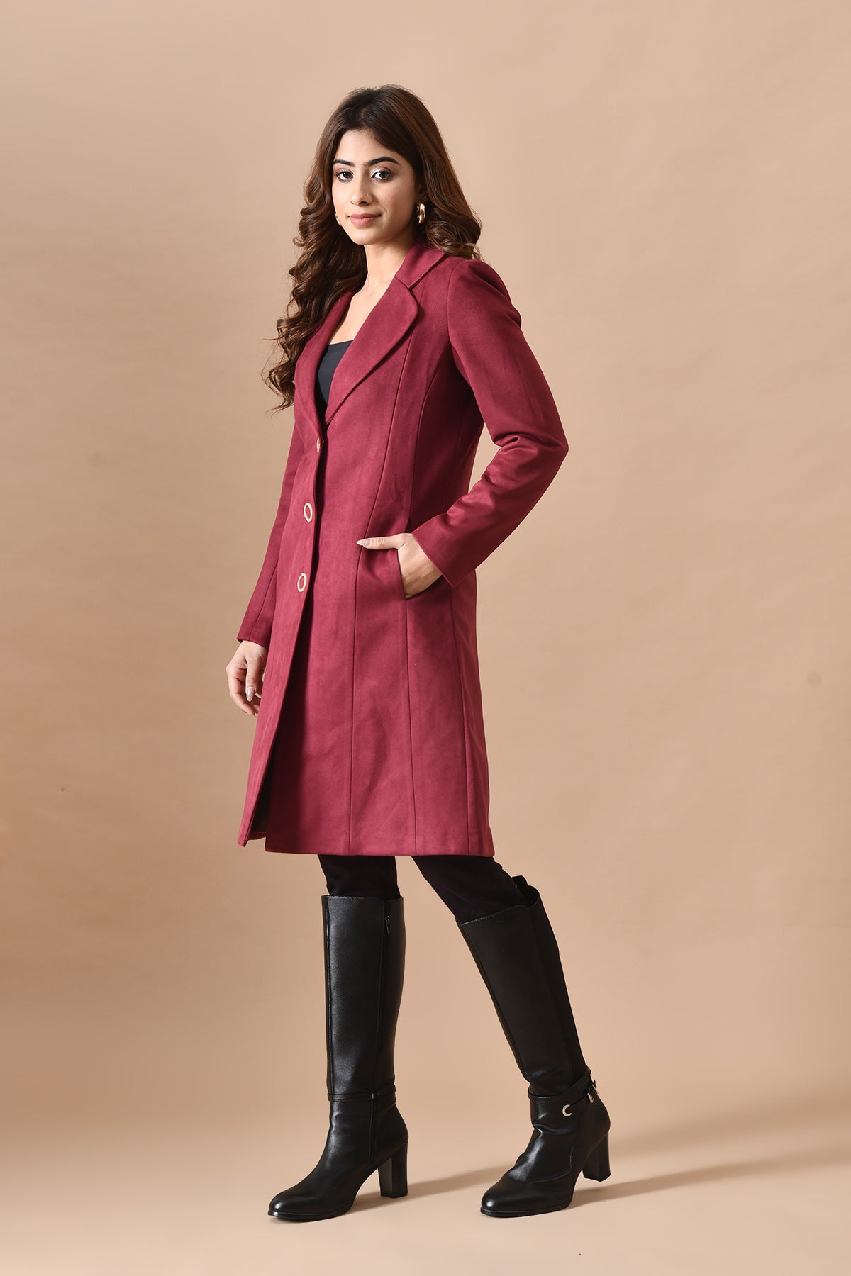 Winter Maroon Classic Notch Collar Neck Overcoat