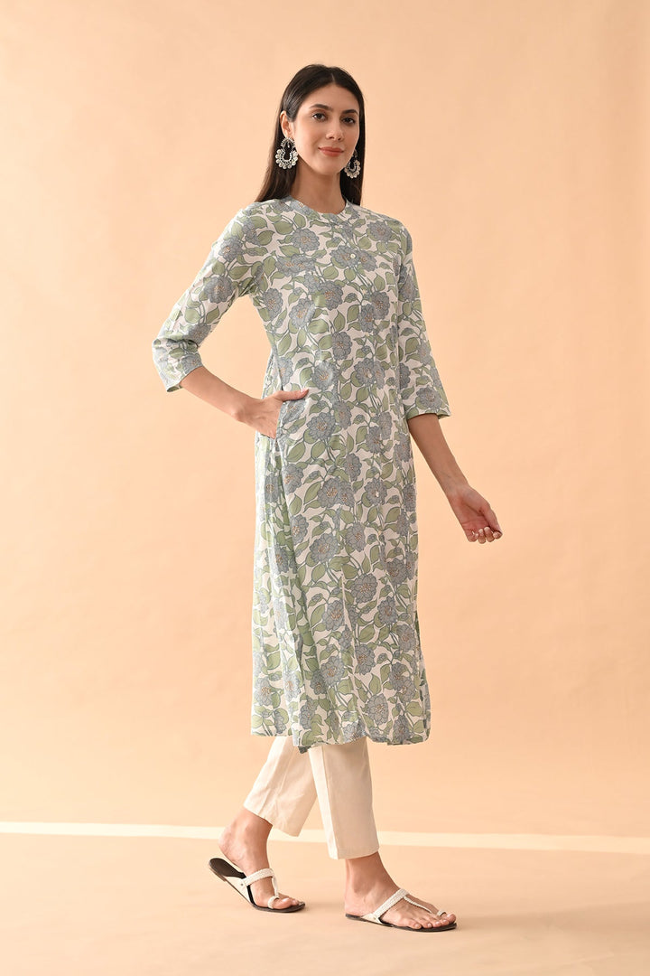 White Floral Printed Kurta