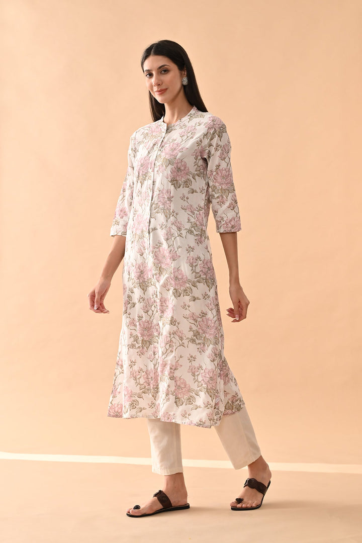 White Floral Printed Kurta