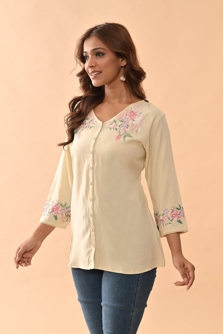 Cream Embroidered Straight Top