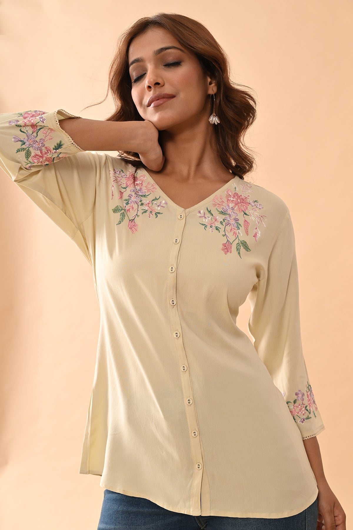 Cream Embroidered Straight Top