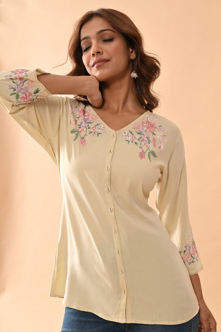 Cream Embroidered Straight Top