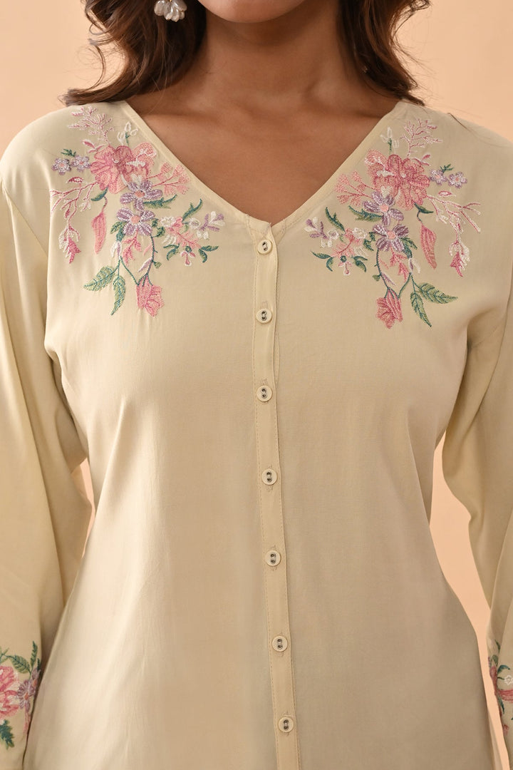 Cream Embroidered Straight Top
