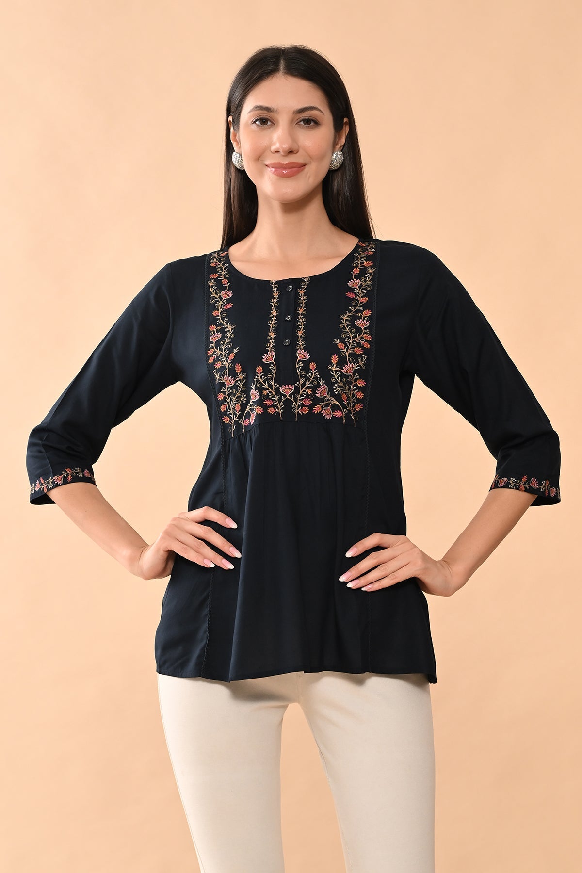 Blue Embroidered Straight Top