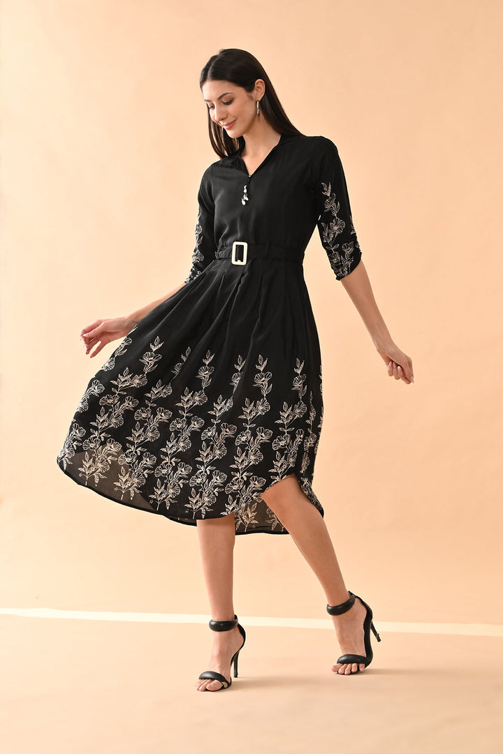 Black Printed A-line Dress