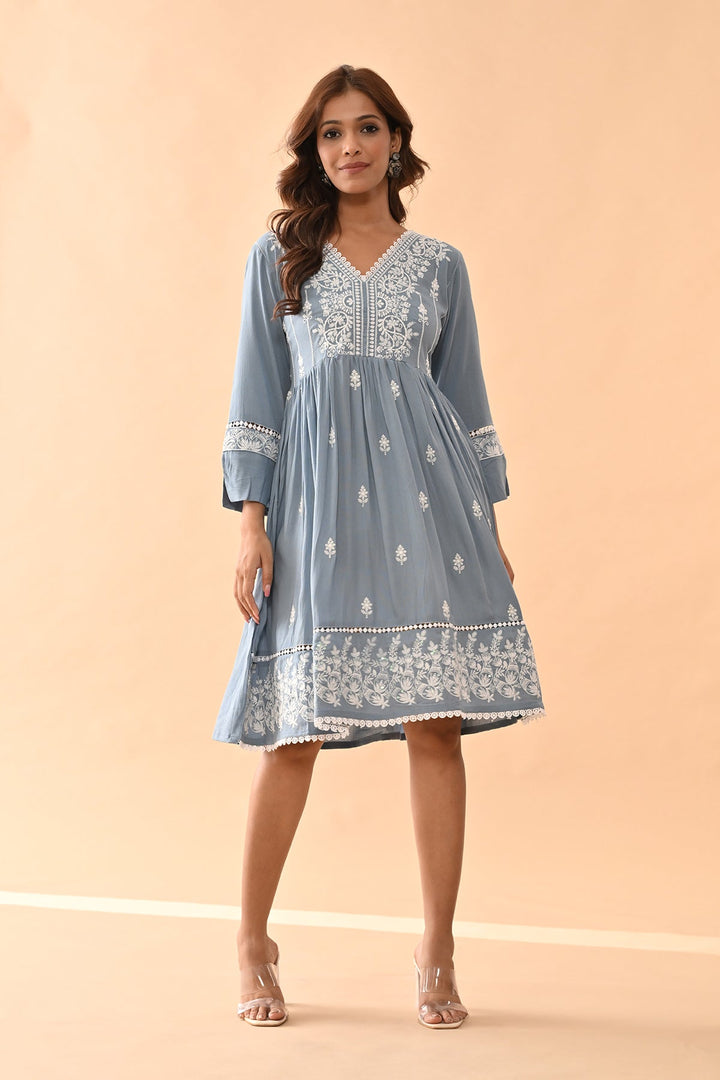 Blue Embroidered Flared Tunic