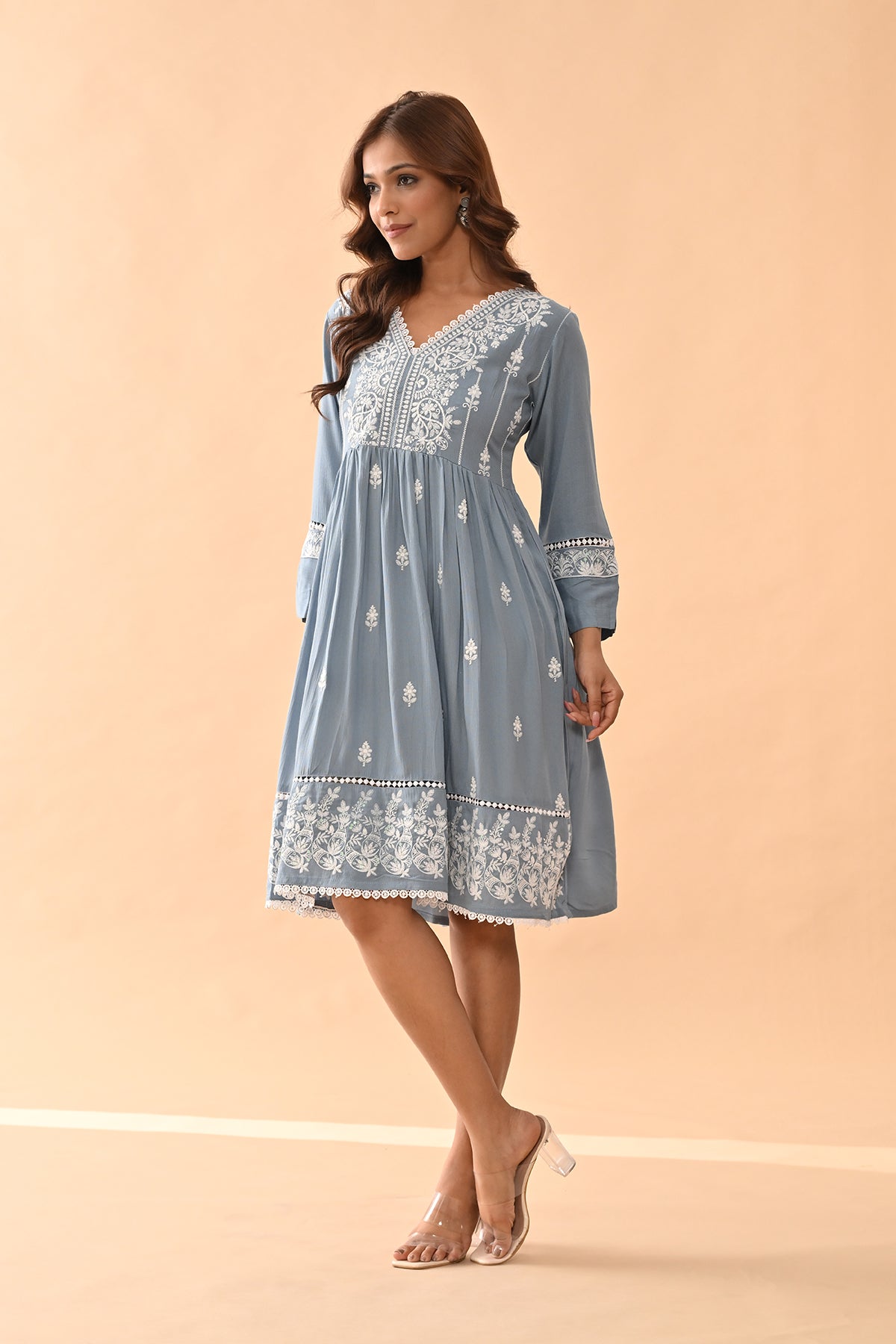 Blue Embroidered Flared Tunic