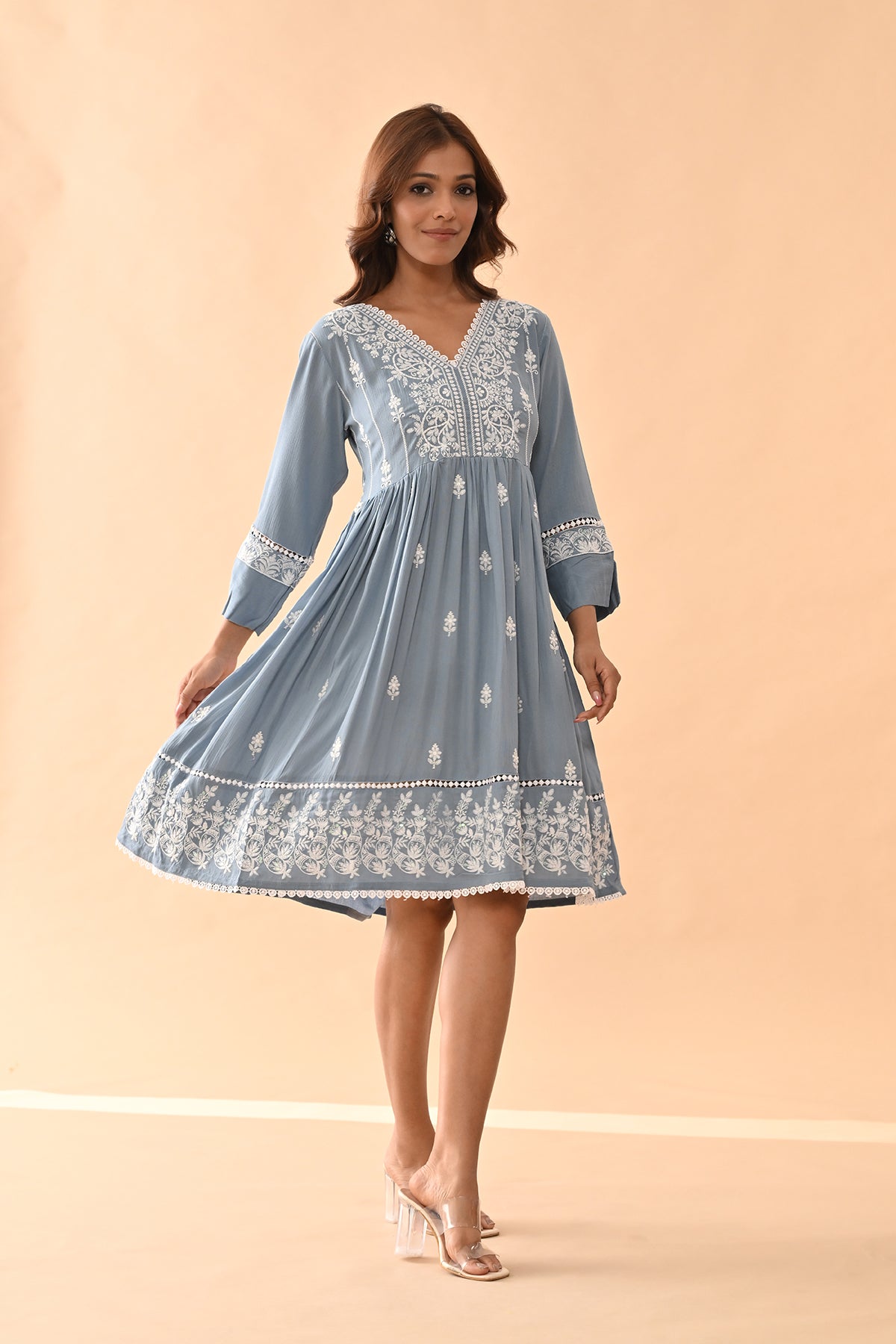 Blue Embroidered Flared Tunic