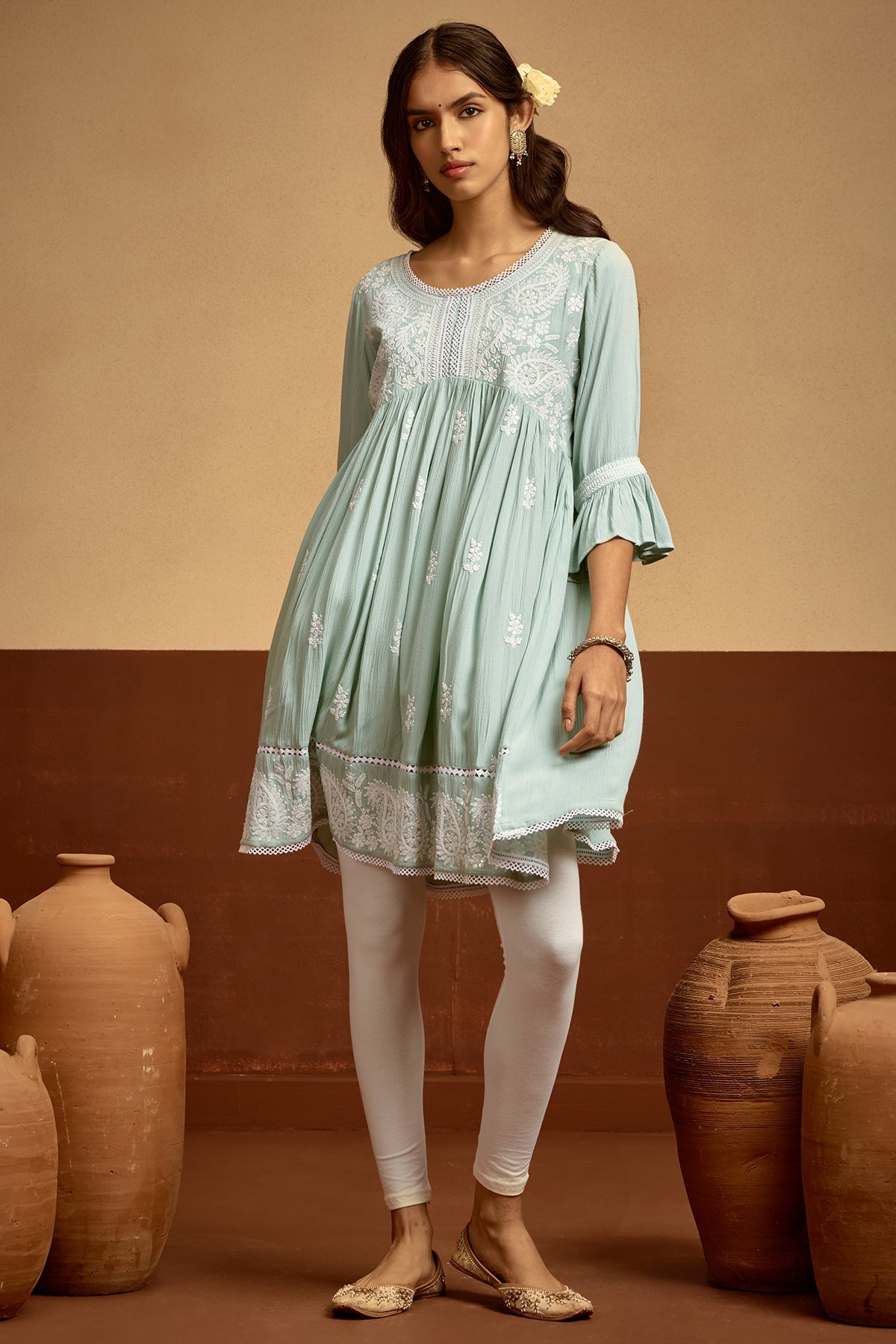 Green Embroidered Flared Tunic