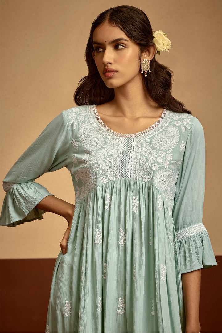 Green Embroidered Flared Tunic