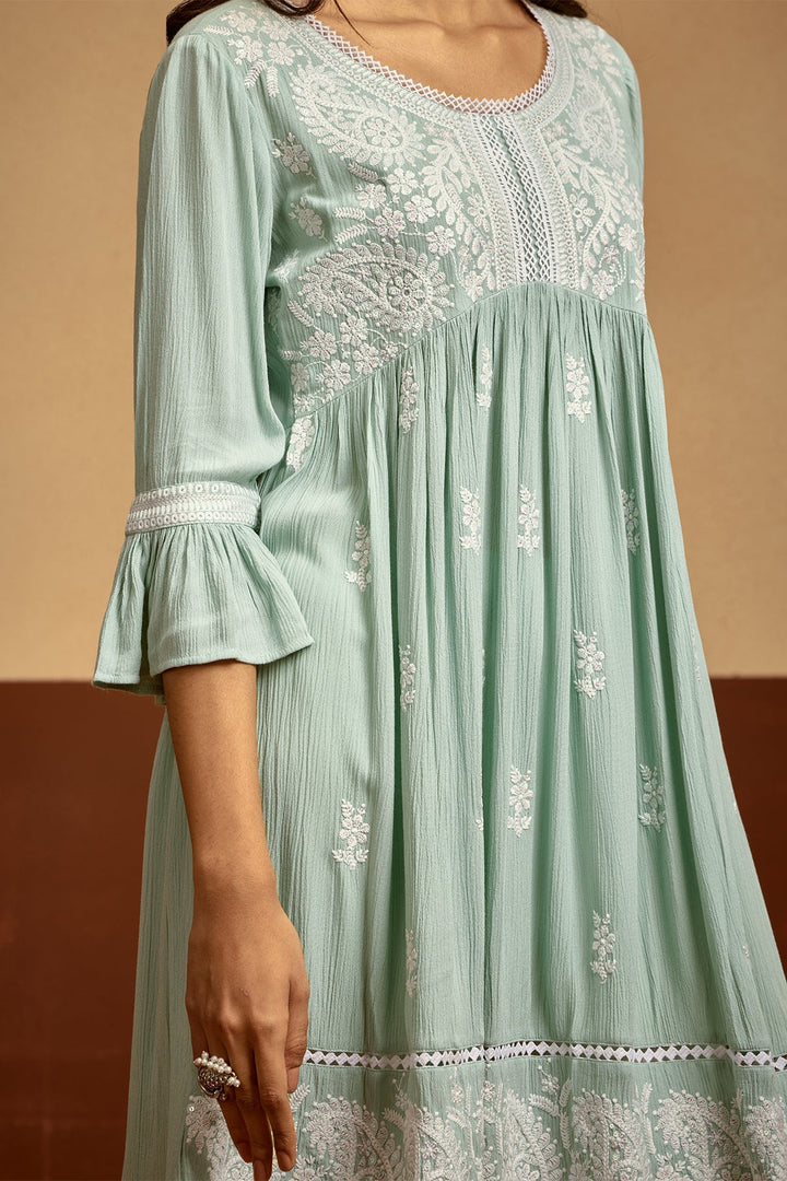 Green Embroidered Flared Tunic