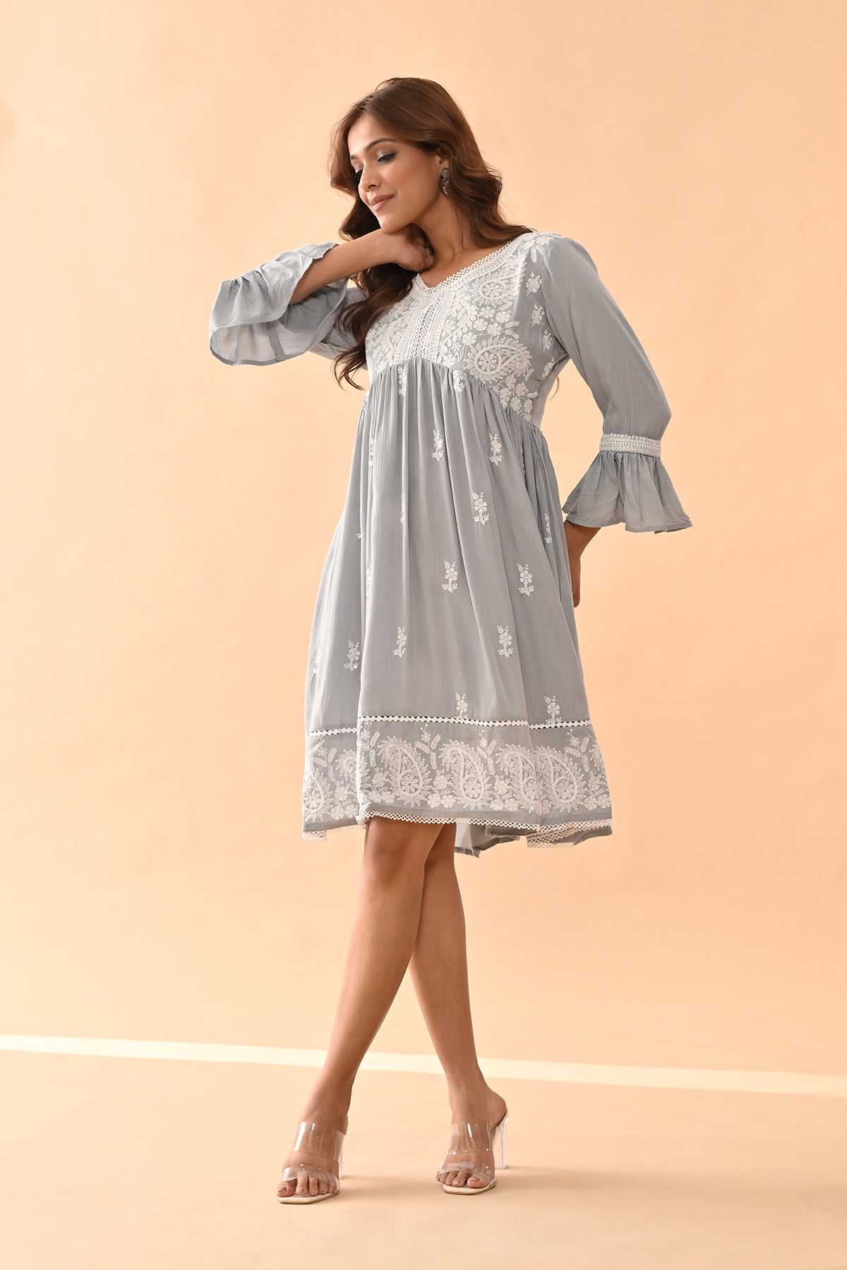 Grey Embroidered Flared Tunic