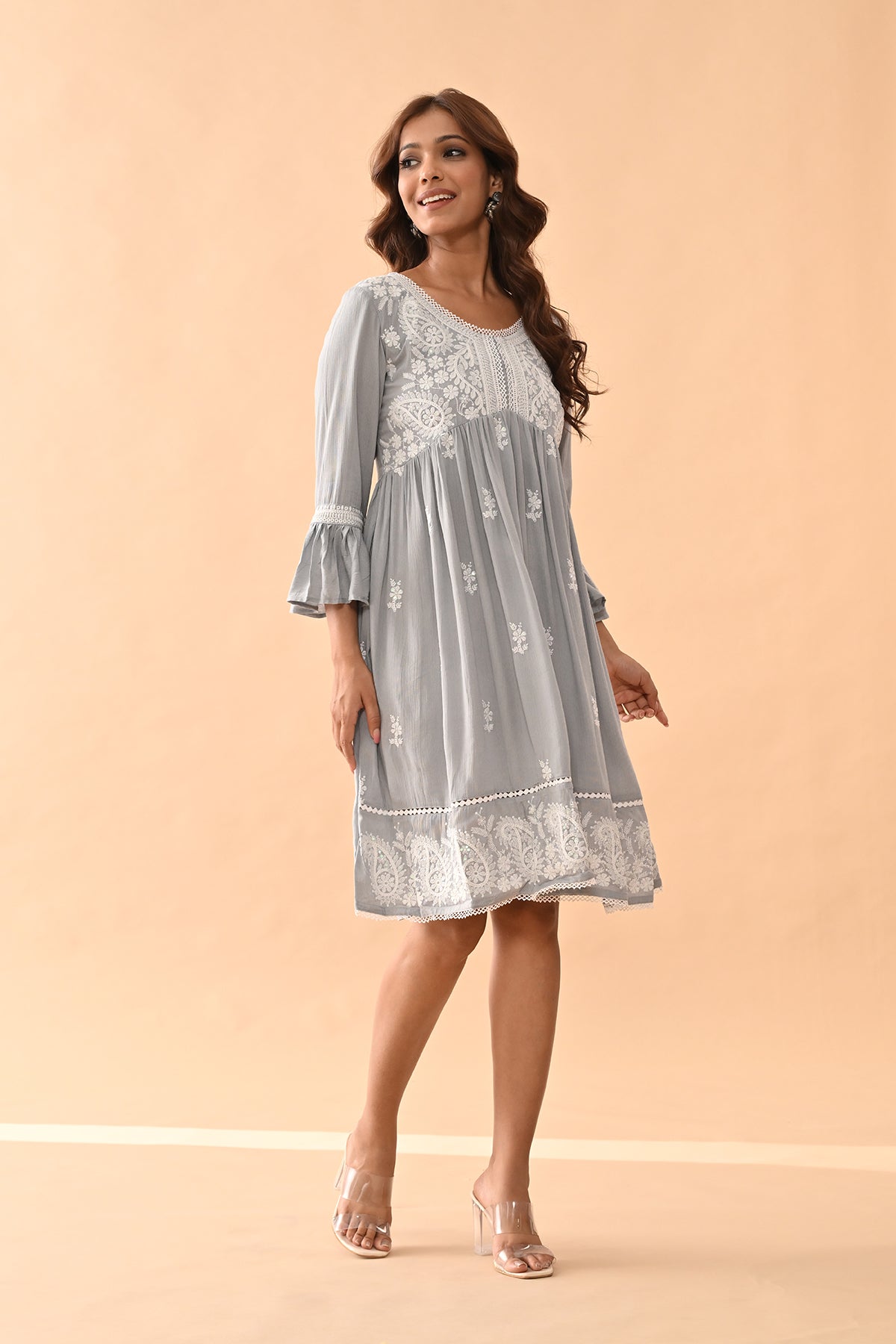 Grey Embroidered Flared Tunic