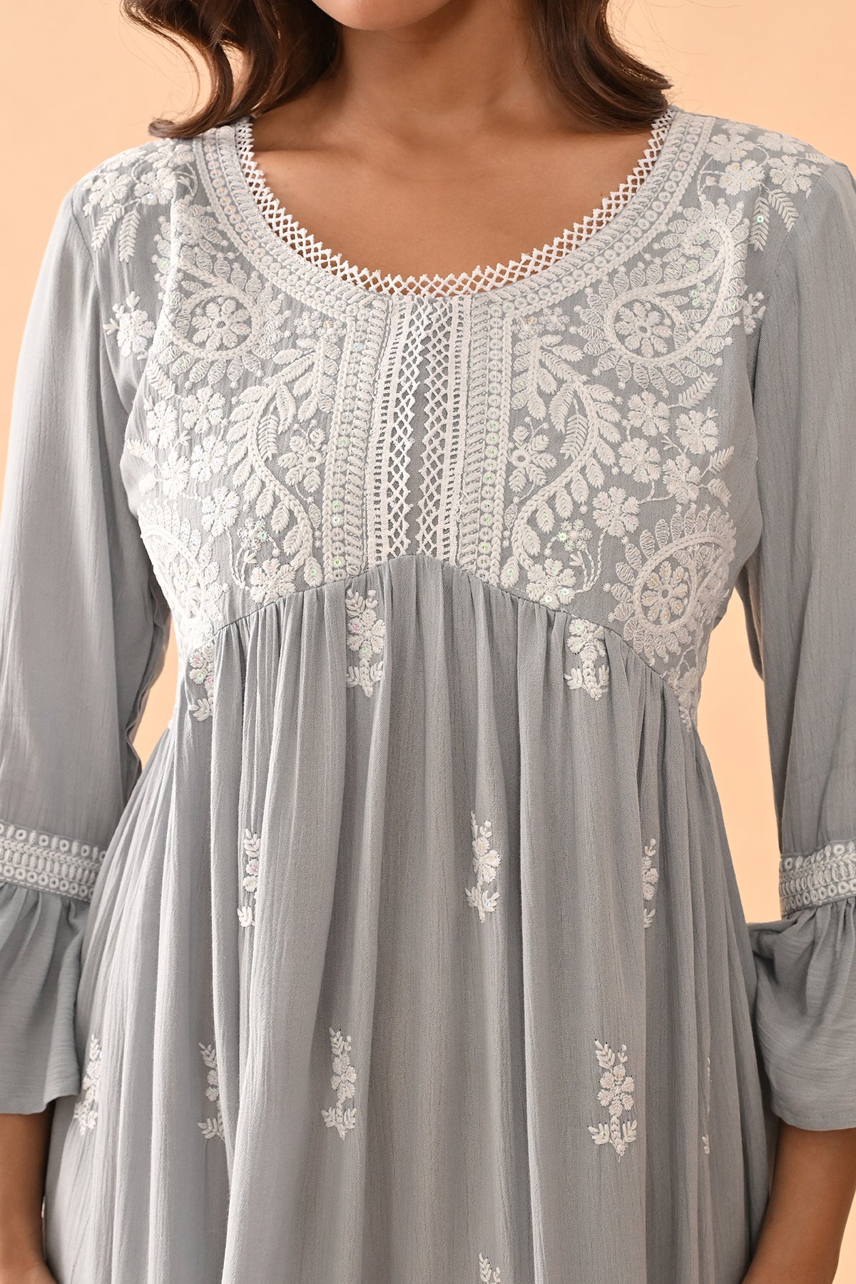 Grey Embroidered Flared Tunic