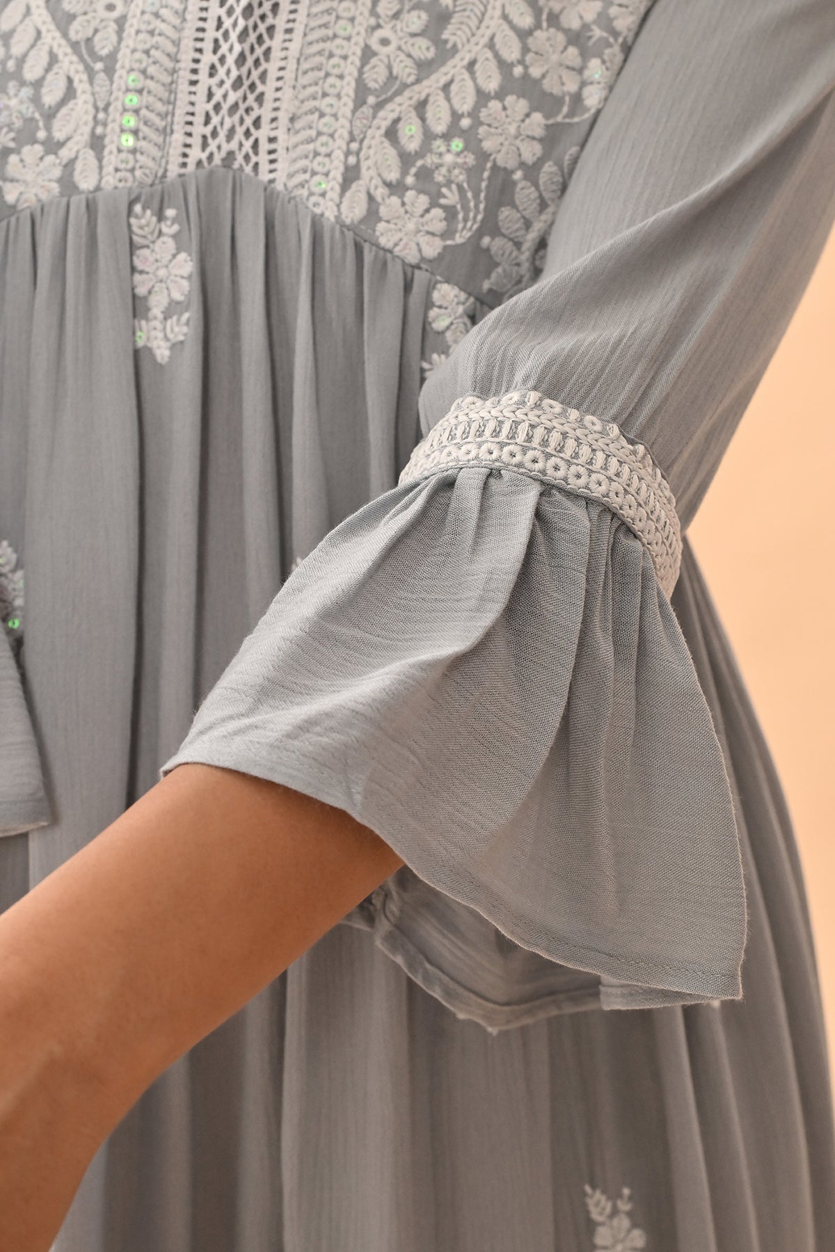 Grey Embroidered Flared Tunic