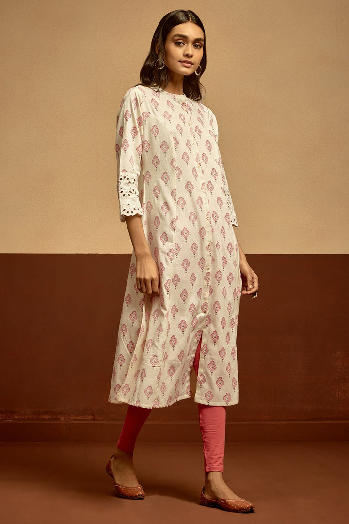 Cream Floral Printed Kurta