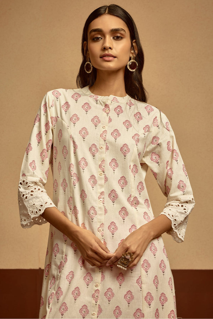 Cream Floral Printed Kurta