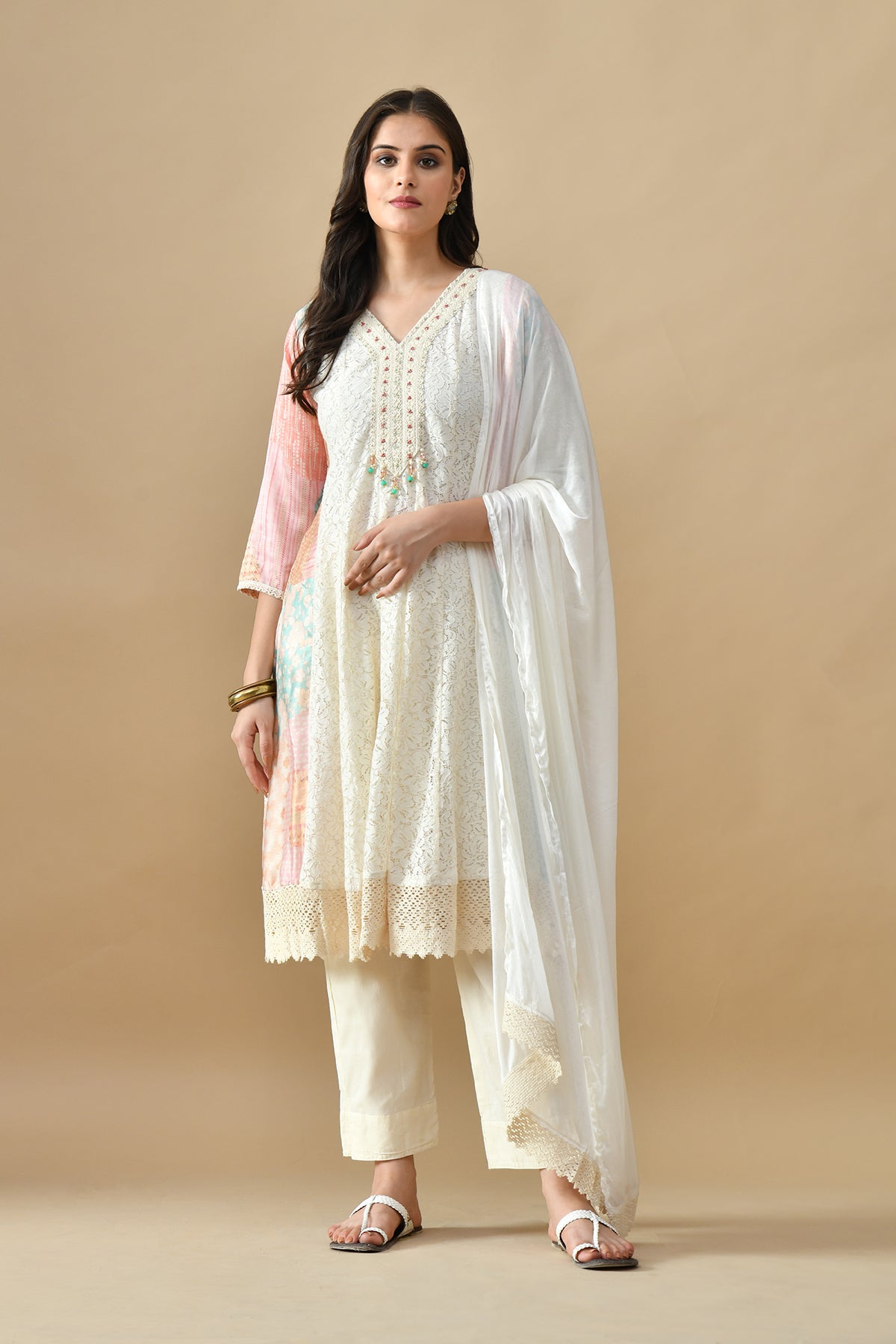 Cream Embroidered Kurta Set