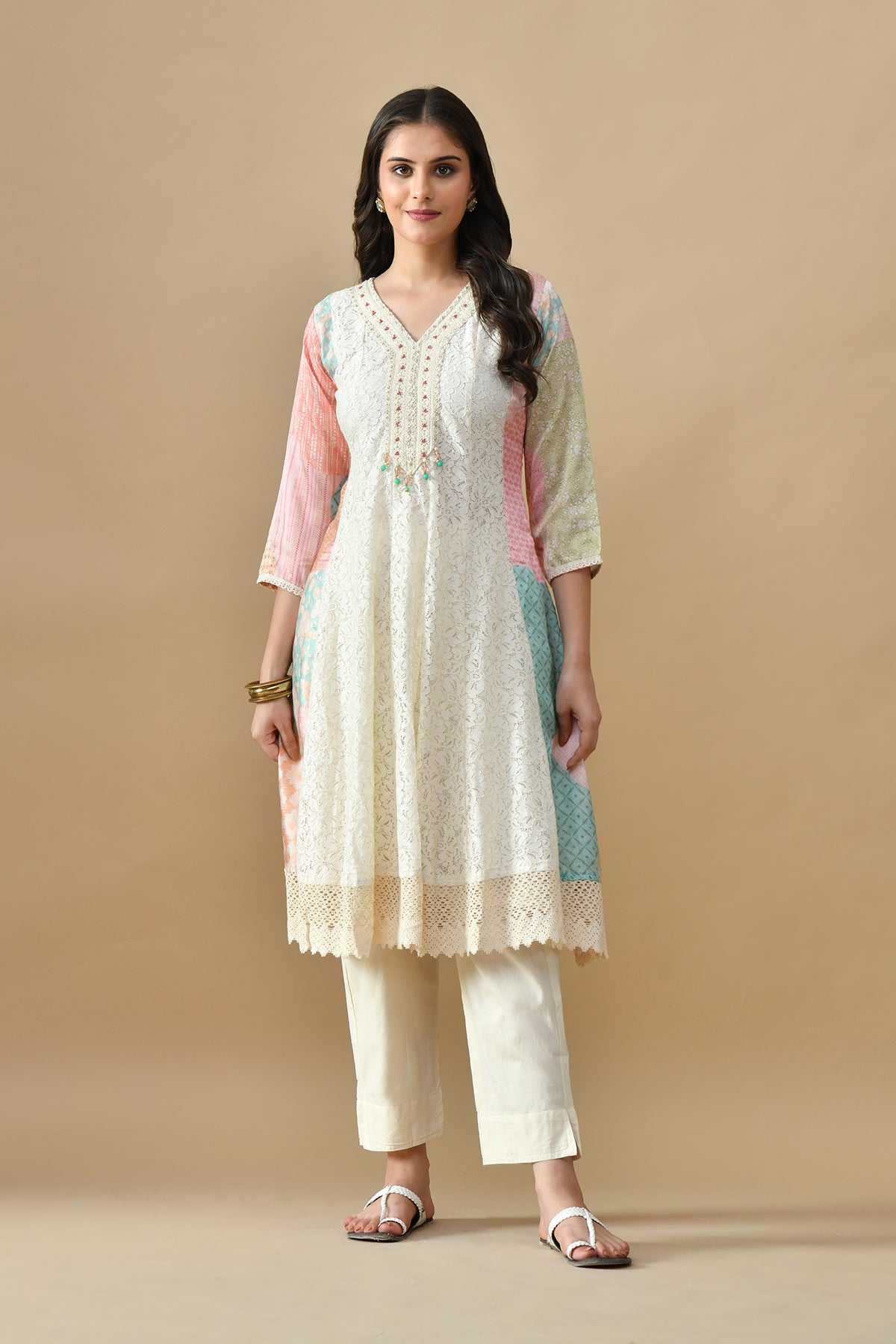 Cream Embroidered Kurta Set