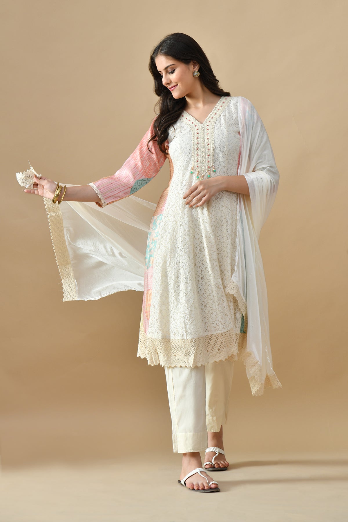 Cream Embroidered Kurta Set